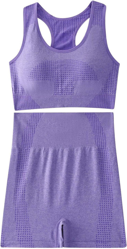 Workout Sets for Women Two Piece Outfits - Seamless High Waisted Biker Shorts and Sports Bra Yoga Gym Activewear