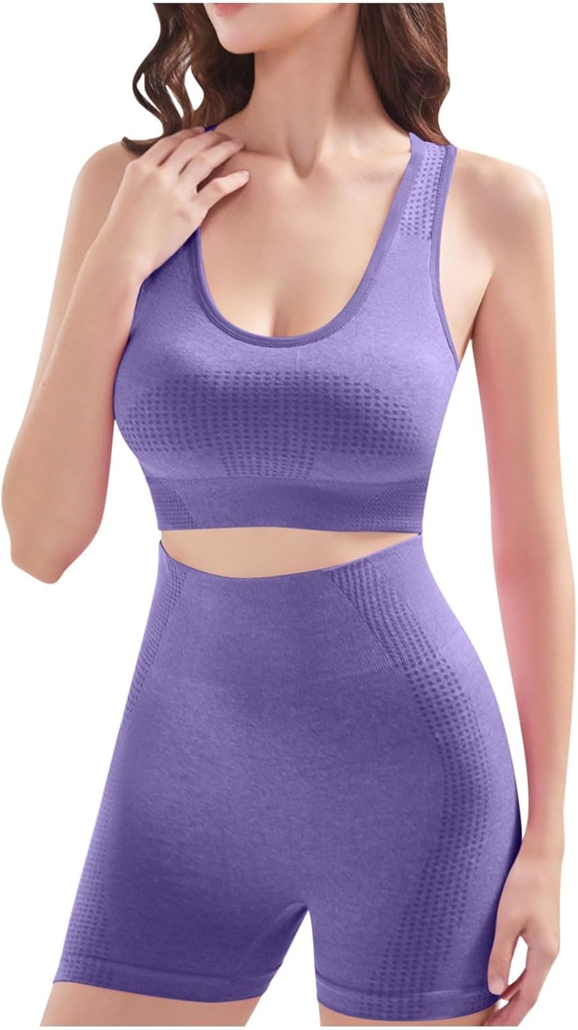 Workout Sets for Women Two Piece Outfits - Seamless High Waisted Biker Shorts and Sports Bra Yoga Gym Activewear