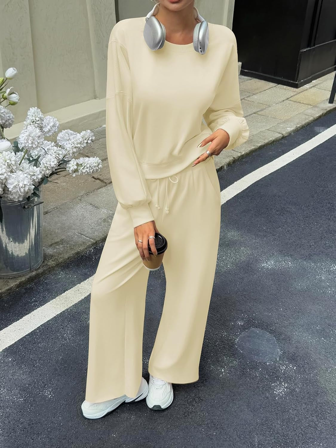 Womens 2 Piece Outfits Casual Batwing Long Sleeve Sweatshirt Wide Leg Pants Loose Lounge Sets Fall Tracksuit
